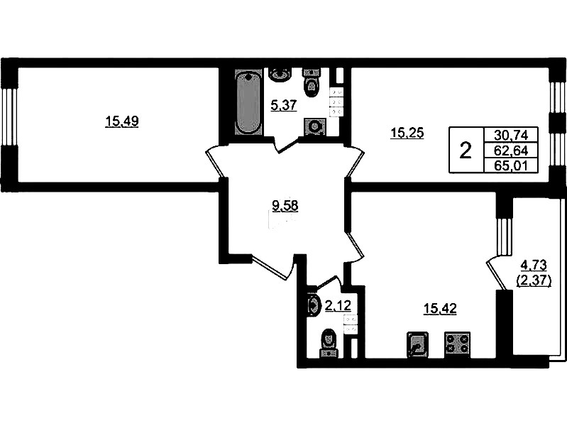2-комнатная квартира 65.01 м², 4/4 эт., ЖК «Новая история»